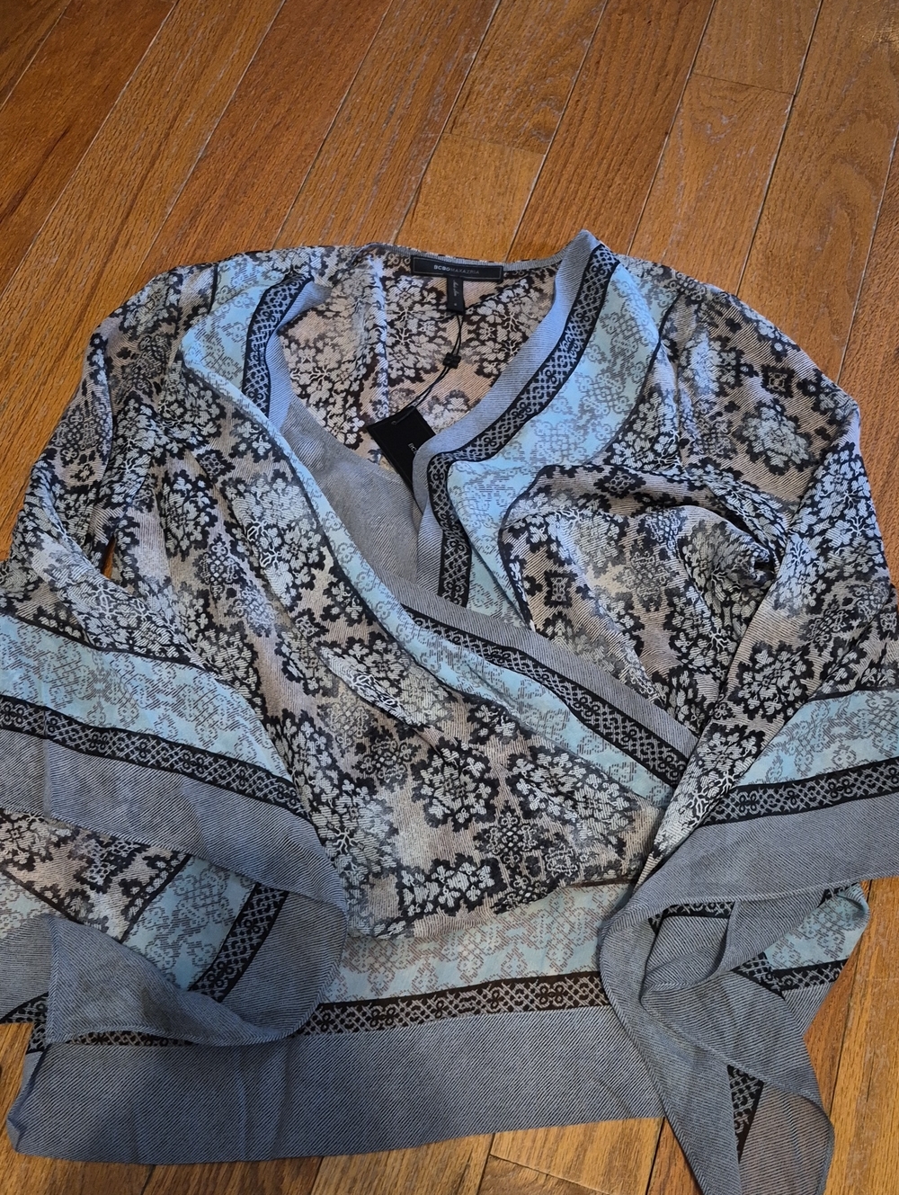 BCBG Maxazria Light Blue and Black Floral Print Wrap Top Small